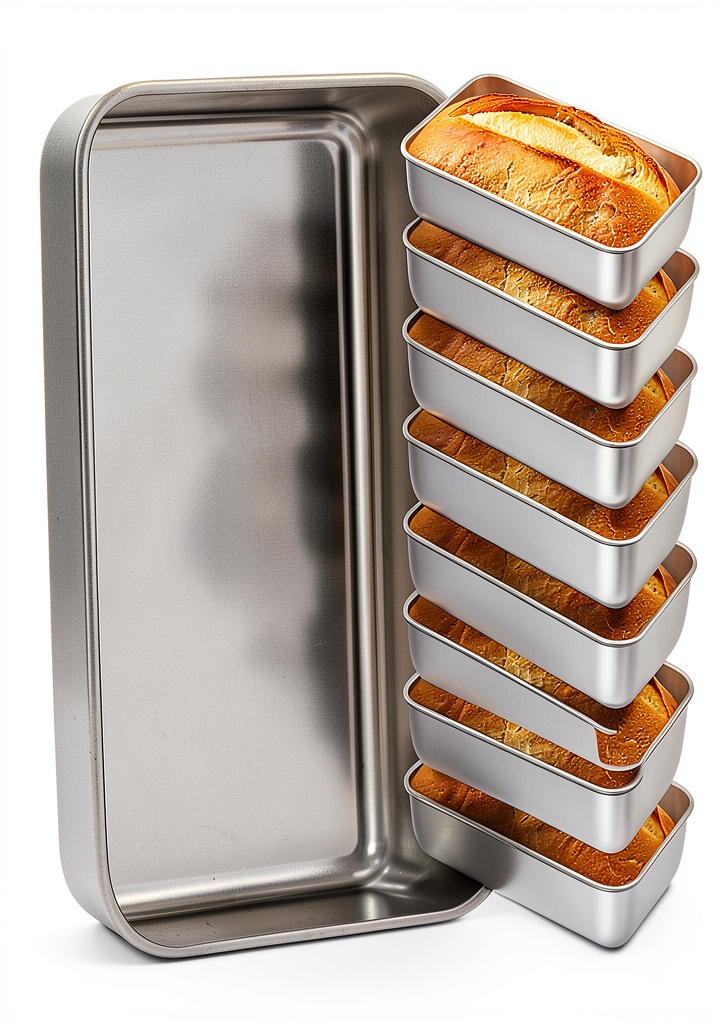 E-far stainless steel loaf pans arranged on a kitchen counter