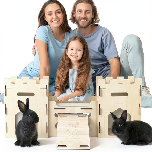 HIIMALEX Wooden Bunny Castle Multi‑Story Habitat-4