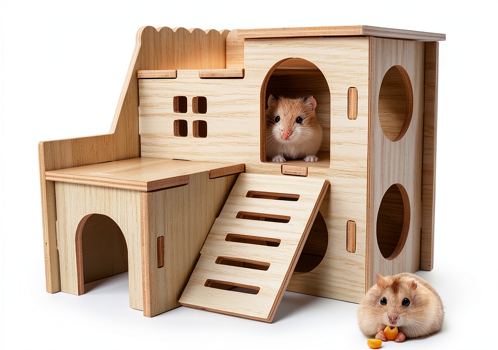 Wooden hamster house placed inside a cage