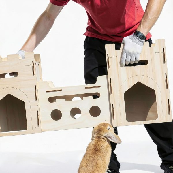 HIIMALEX Wooden Bunny Castle Multi‑Story Habitat-7